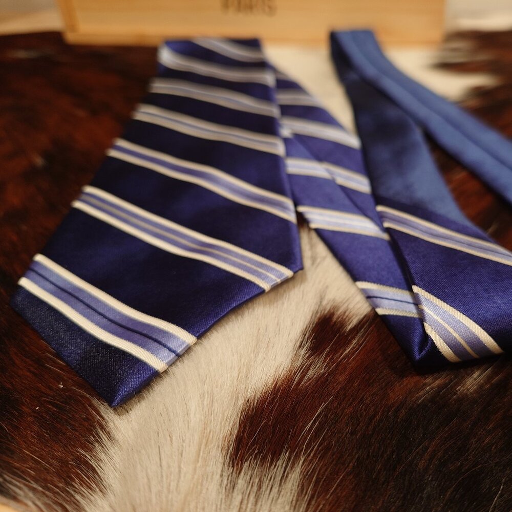 Tommy Hilfiger Blue and White Striped Silk Tie